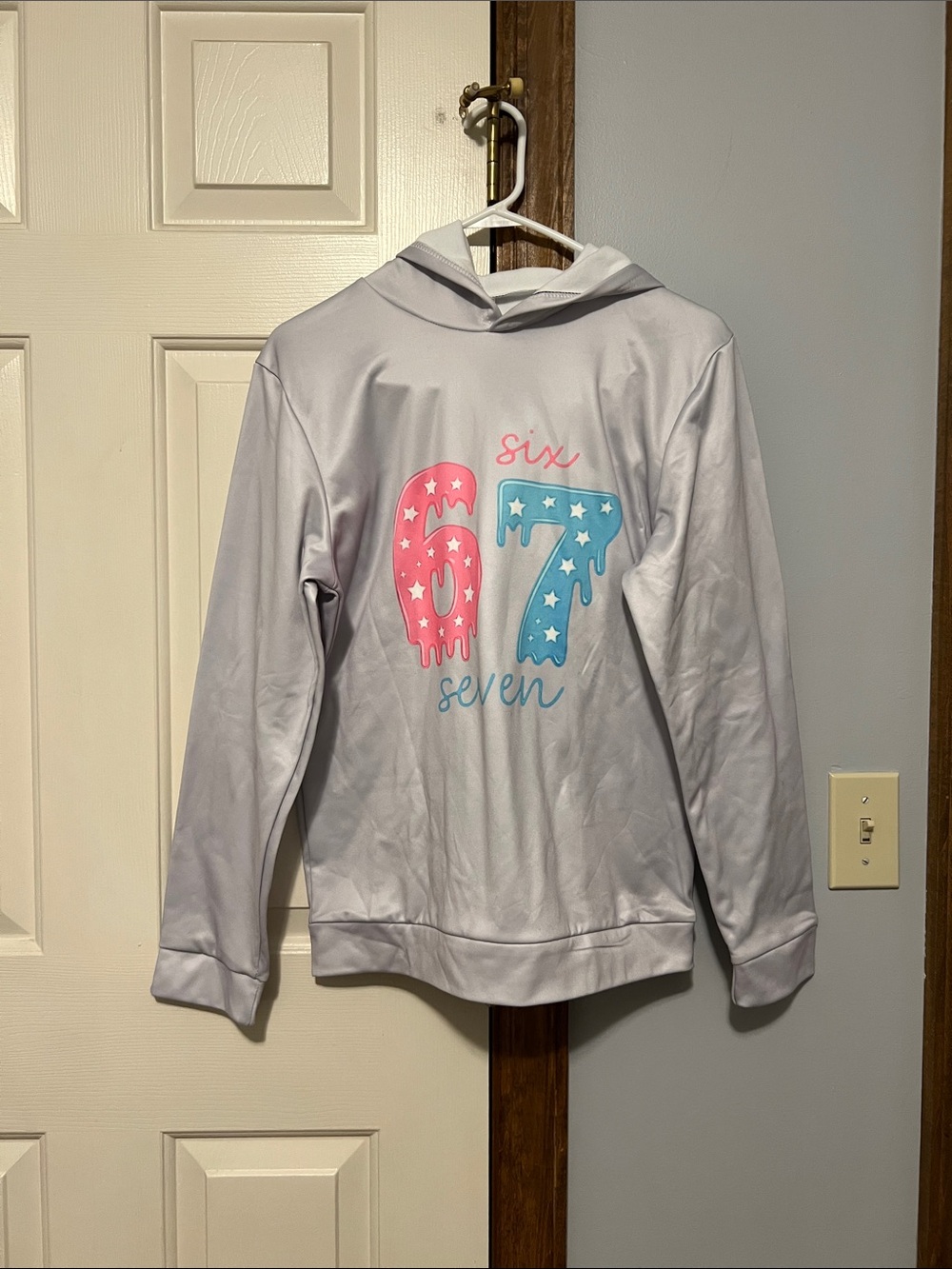 Gray Hooded Sweatshirt with Pink & Blue '67' Graphic